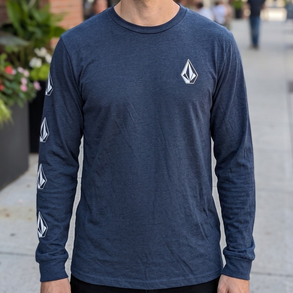 Volcom Mens Long Sleeve Heather Navy Stone Logo Graphic T-Shirt Skate Surf